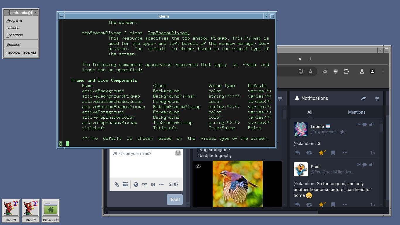 Emwm window manager running with the xmsm session manager and xmtoolbox at the top left. XTerm is running next to xmtoolbox at the top center showing the man page for EMWM. Behind it towards the bottom right is Chromium focused on my account page for the bsd.network Mastodon instance. At the bottom right are two XTerms and Caja minimized as Beastie icons and a green folder icon, respectively.