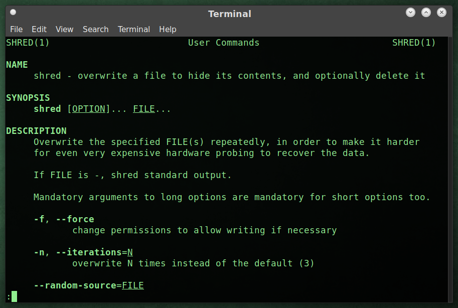 Screenshot of MATE Terminal showing the man page for the shred(1) command in OpenBSD.